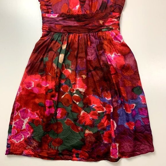 Banana Republic Dress Silk Watercolor Painting Red Pink Ruched V Neck Wedding 2 - Picture 5 of 12